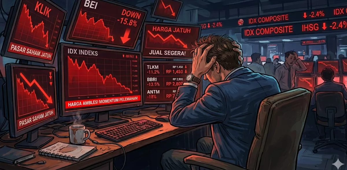 ILUSTRASI PELEMAHAN PASAR SAHAM - Pahami Apa itu Running Trade Saham ! Terutama Buat Kamu yang Sering Terlambat Entri Buy atau Terjebak saat Momentum Saham Mulai Melemah (Kalimantansatu.com via Gemini AI)