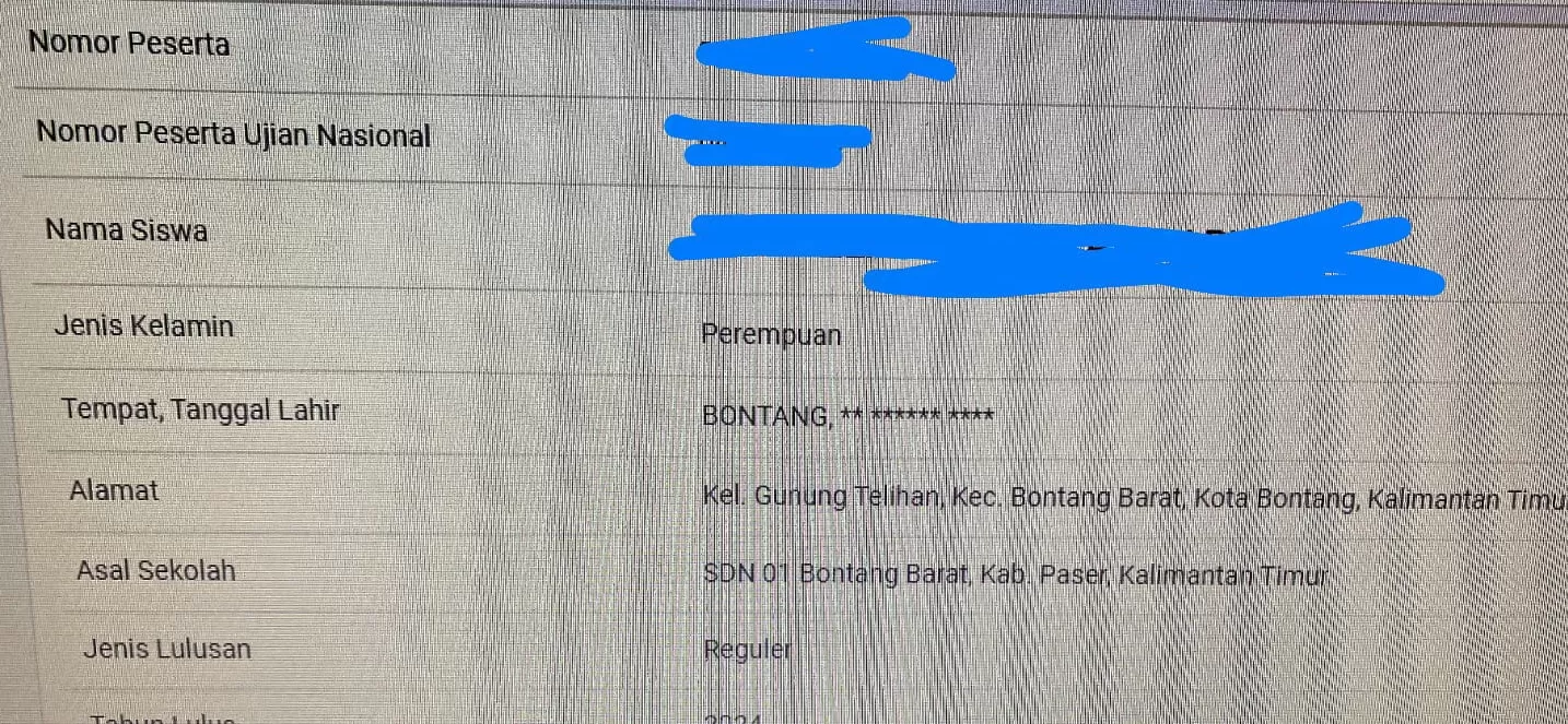 SELEKSI: Tangkapan hasil seleksi jalur perpindahan tugas orangtua yang diisi oleh pelajar yang sebelumnya bersekolah di Bontang.  