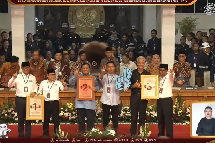 Paslon Capres dan Cawapres saat pengundian no urut (Tangkapan Layar Kanal Youtube KPU RI)