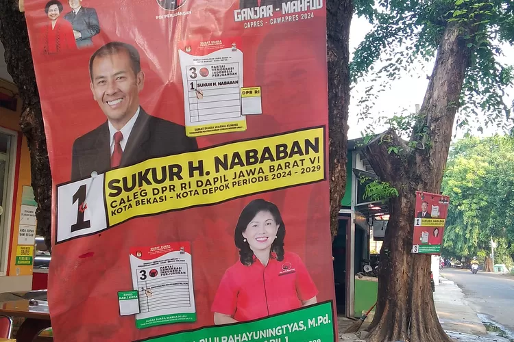 Sejumlah pohon di pinggir Jalan Rawa Tambaga, Bekasi Selatan, Kota Bekasi, menjadi sasaran pemasangan atribut kampanye para calon legislatif.  (FOTO: Dharma/Suarakarya.id)
