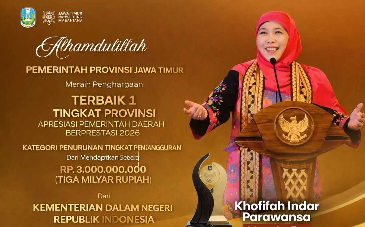 Jawa Timur  berhasil meraih penghargaan Terbaik I Kategori Penurunan Tingkat Pengangguran.