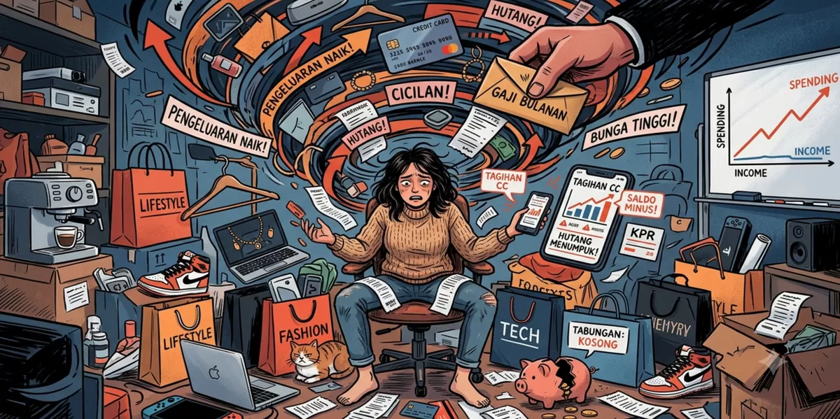 Ilustrasi seseorang yang terjebak inflasi gaya hidup. (Dibuat Kalimantansatu.com via Gemini AI)