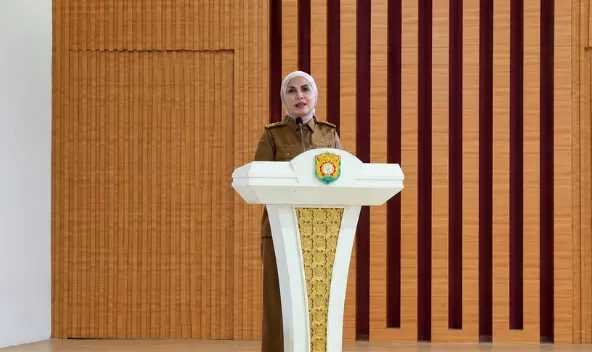 Bupati Kendal Dyah Kartika Permanasari menyampaikan sambutan saat peluncuran inovasi Siaga Jiwa di Kecamatan Ringinarum, Kendal. (inspiratifonline.com/dok. Istimewa)