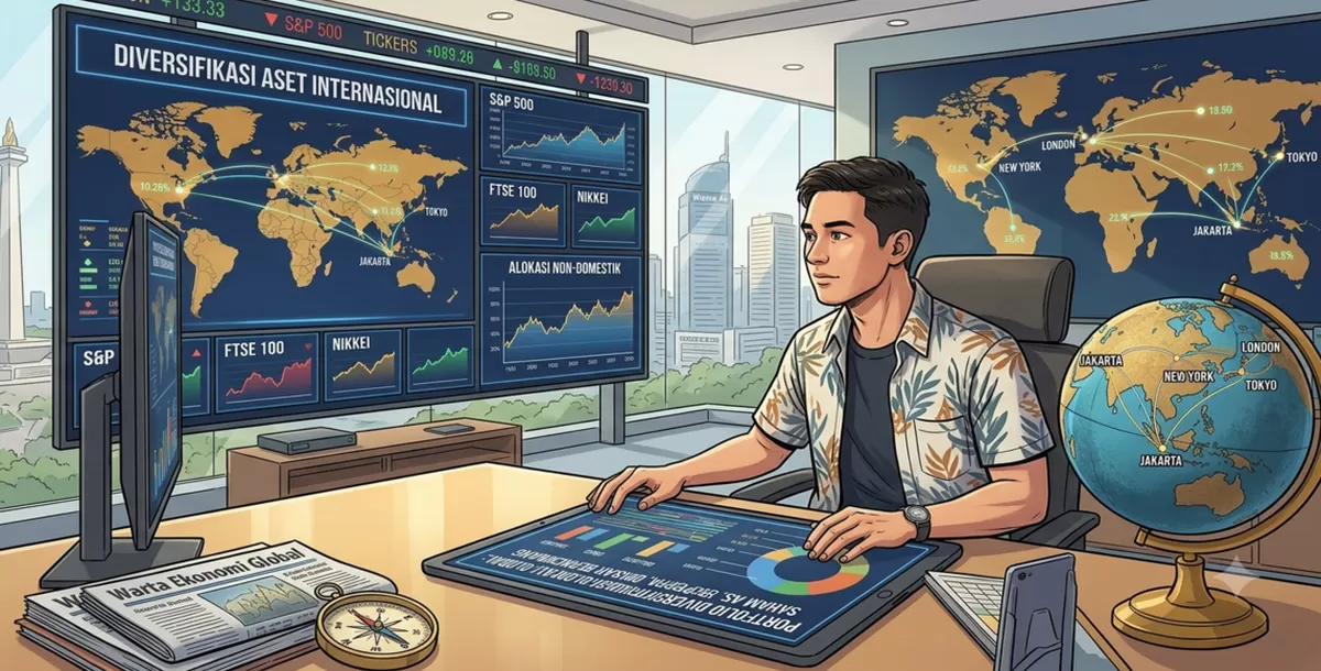 ILUSTRASI - Panduan Diversifikasi Aset Internasional bagi Investor Domestik: Bedah Berapa Porsi Ideal, Tantangan, Risiko Hingga Alasannya (Dibuat Kalimantansatu.com via Gemini AI)