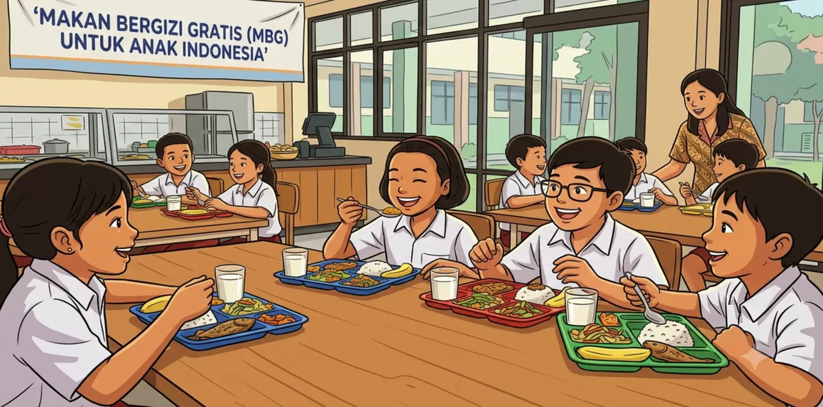 Ilustrasi anak-anak sekolah menikmati menu Makan Bergizi Gratis (MBG). (Kalimantansatu.com via Gemini AI)