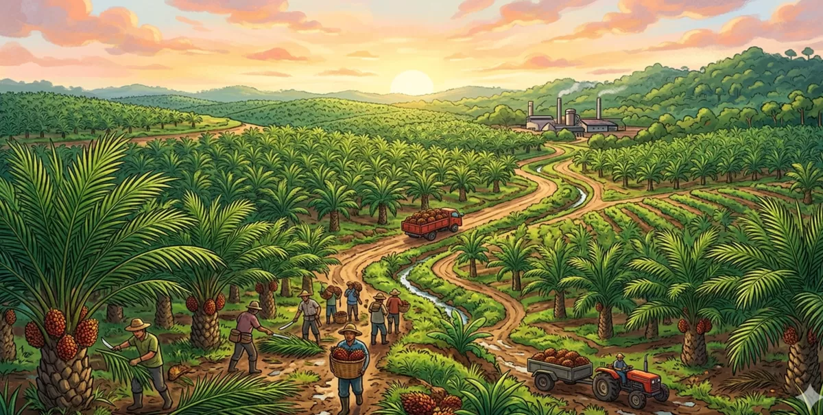 ILUSTRASI PERKEBUNAN SAWIT - Kumpulkan Pelaku Industri Sawit Nasional, Wamentan Sudaryono Tegaskan Tak Ada Alasan Harga Turun dan Luruskan Kebijakan Ekspor Satu Pintu Lewat PT DSI (Kalimantansatu.com via Gemini AI)