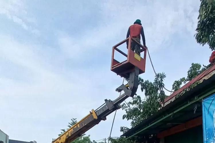 Prosesi pemangkasan pohon yang dilakukan oleh DLHK Kota Depok. (ANDIKA EKA/RADAR DEPOK)