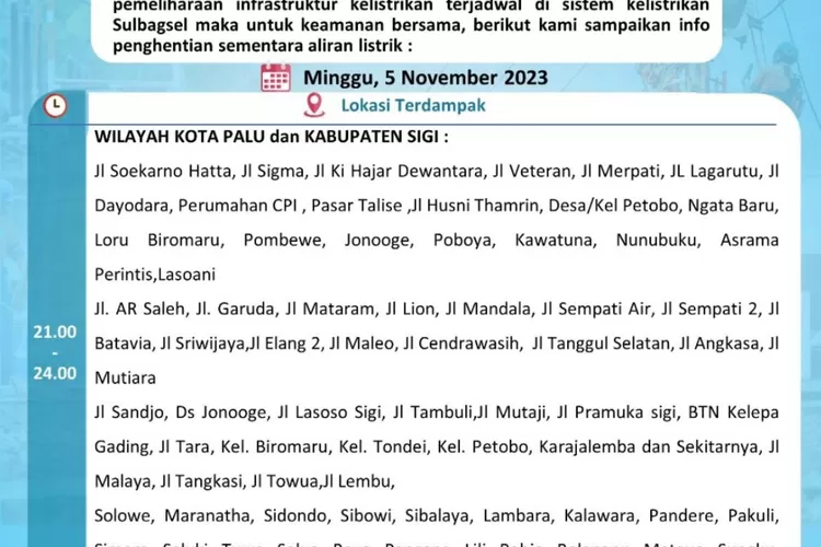 Jadwal Pemadaman Listrik Kota Palu. Foto: Instagram