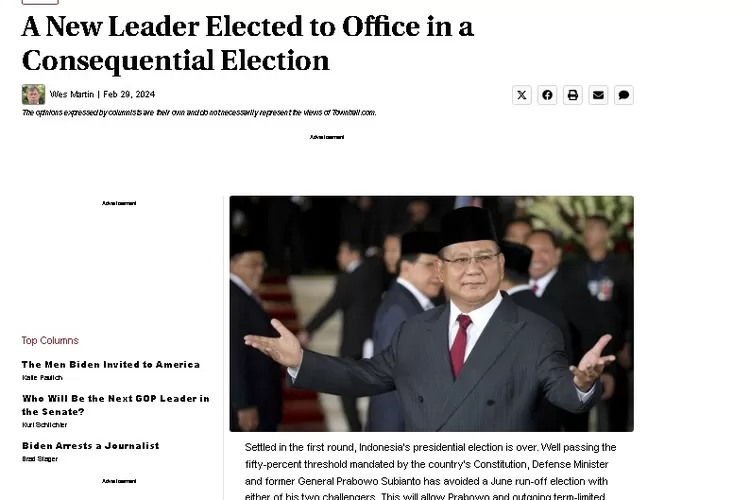 Tulisan Opini Wes Martin, pensiunan kolonel Amerika, yang menyoroti kemenangan Prabowo Gibran pada Pilpres 2024, di website townhall.com 