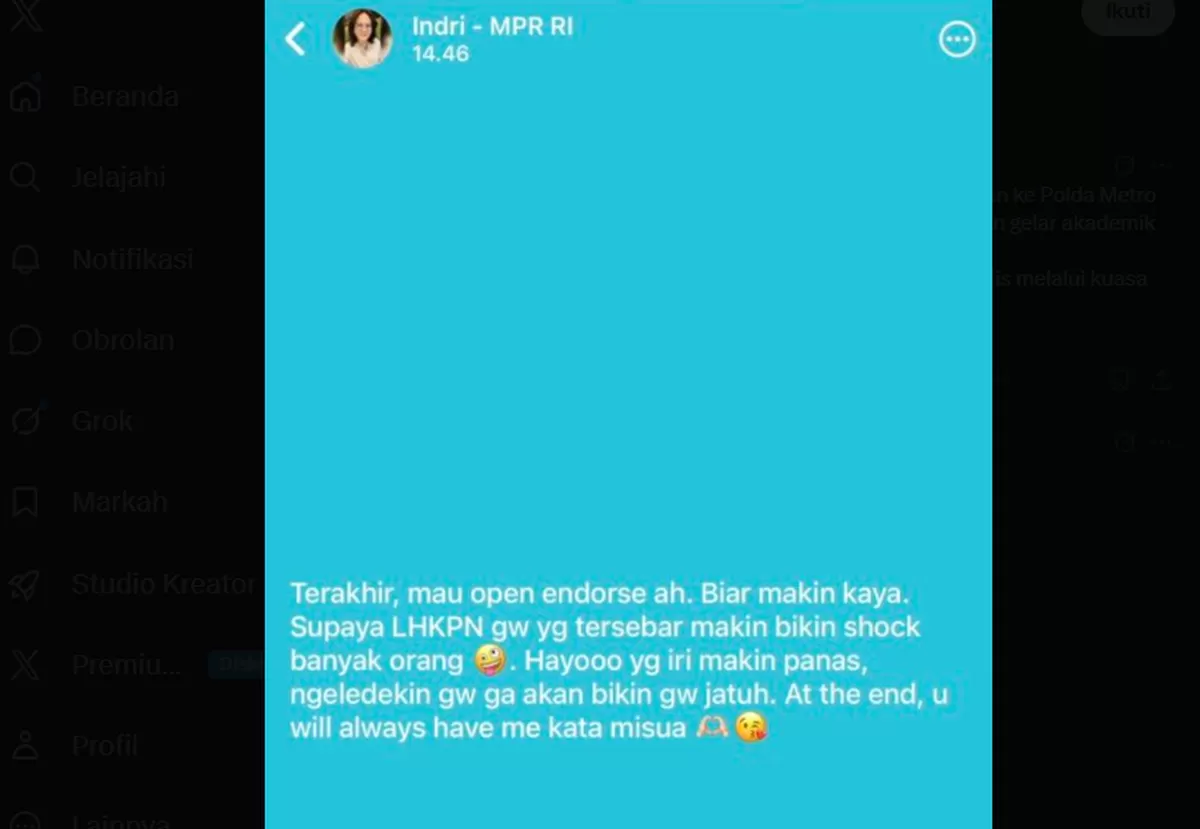 Status WhatsApp Indri Wahyuni (Twitter @ethadisaputra)