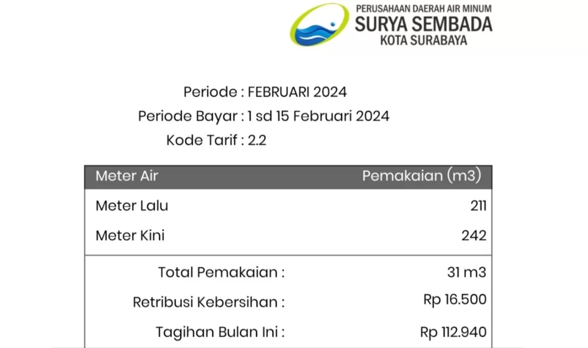 Bukti pembayaran retribusi kebersihan PAM Surya Sembada Surabaya tahun 2024. (foto: Istimewa)