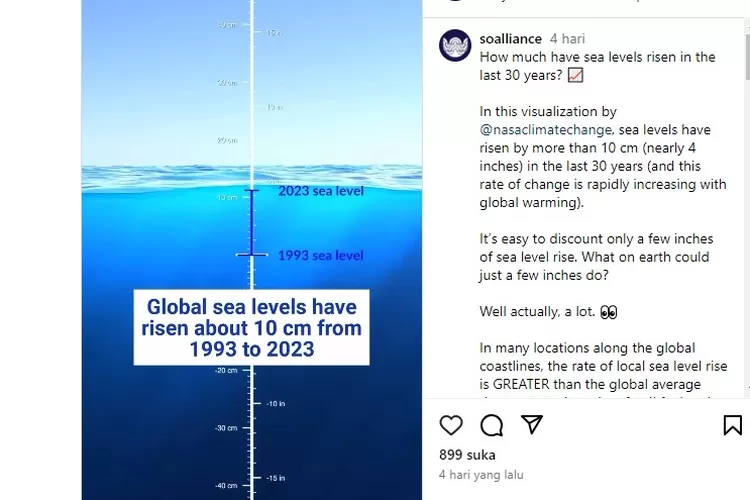 Tangkap layar Instagram @soalliance yang mengunggah visualisasi NASA terkait kenaikan permukaan air laut selama 30 tahun terakhir.