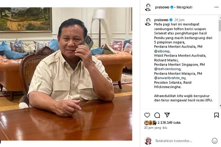 Prabowo Subianto saat menerima ucapan selamat dari pemimpin dunia atas hasil perhitungan suara Pemilu yang maish berlangsung, di mana Prabowo Gibran memimpin perolehan suara.