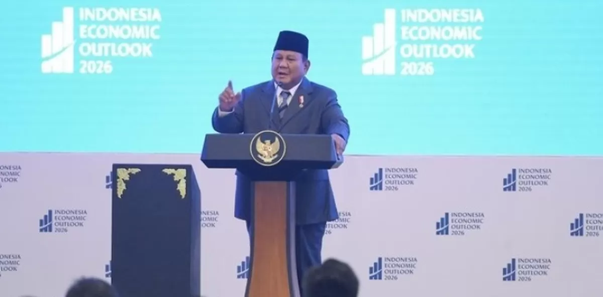 Presiden Prabowo Subianto memberikan sambutan di acara Indonesia Economic Outlook 2026 di Wisma Danantara./Foto: Tangkapan layar YouTube Setpres