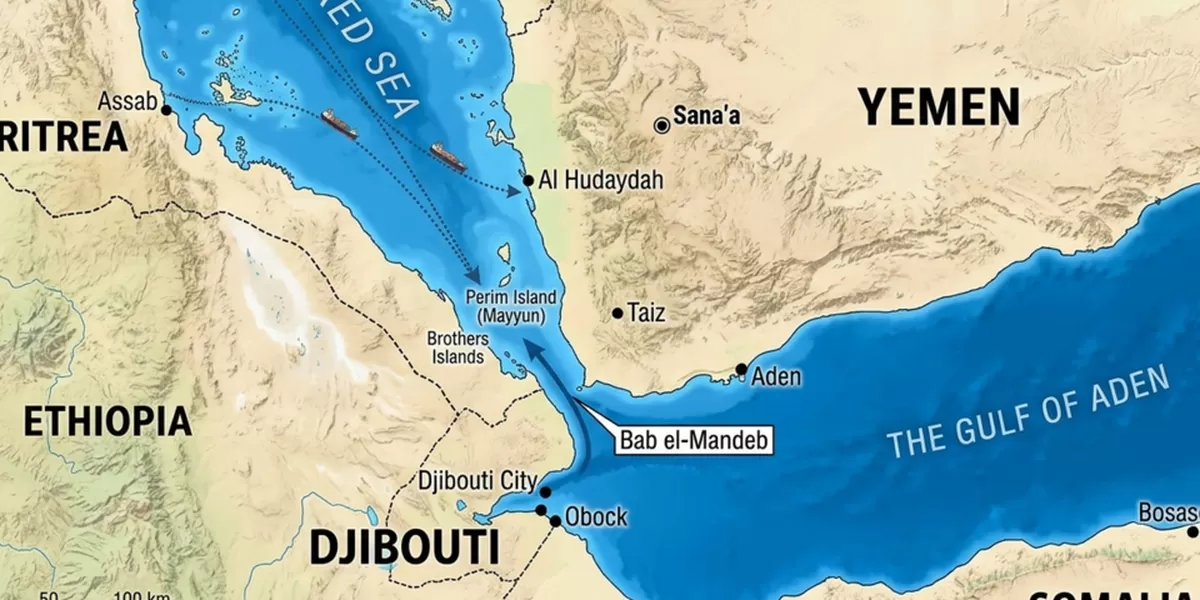 Ilustrasi peta Selat Bab al-Mandeb, pintu masuk menuju Laut Merah. Foto Gemini AI.