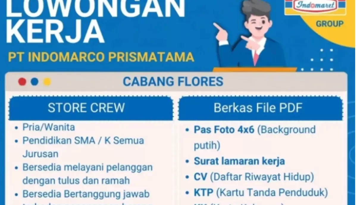 Indomaret Cabang Flores Buka Lowongan Store Crew di Ngada, Lulusan SMA/SMK Bisa Melamar. (Instagram/@loker_ntt_)