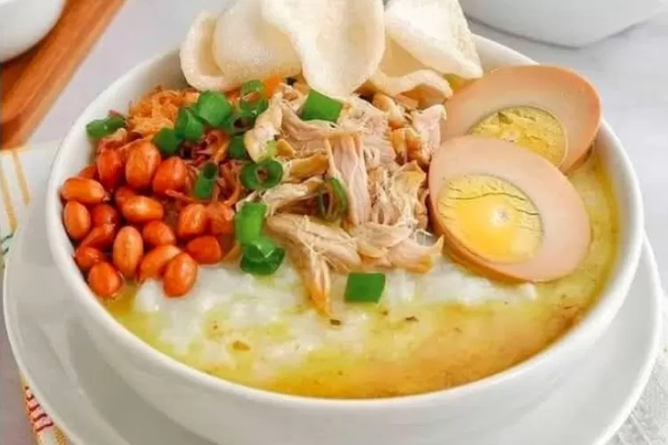 Ilustrasi bubur ayam untuk menu sarapan pagi.