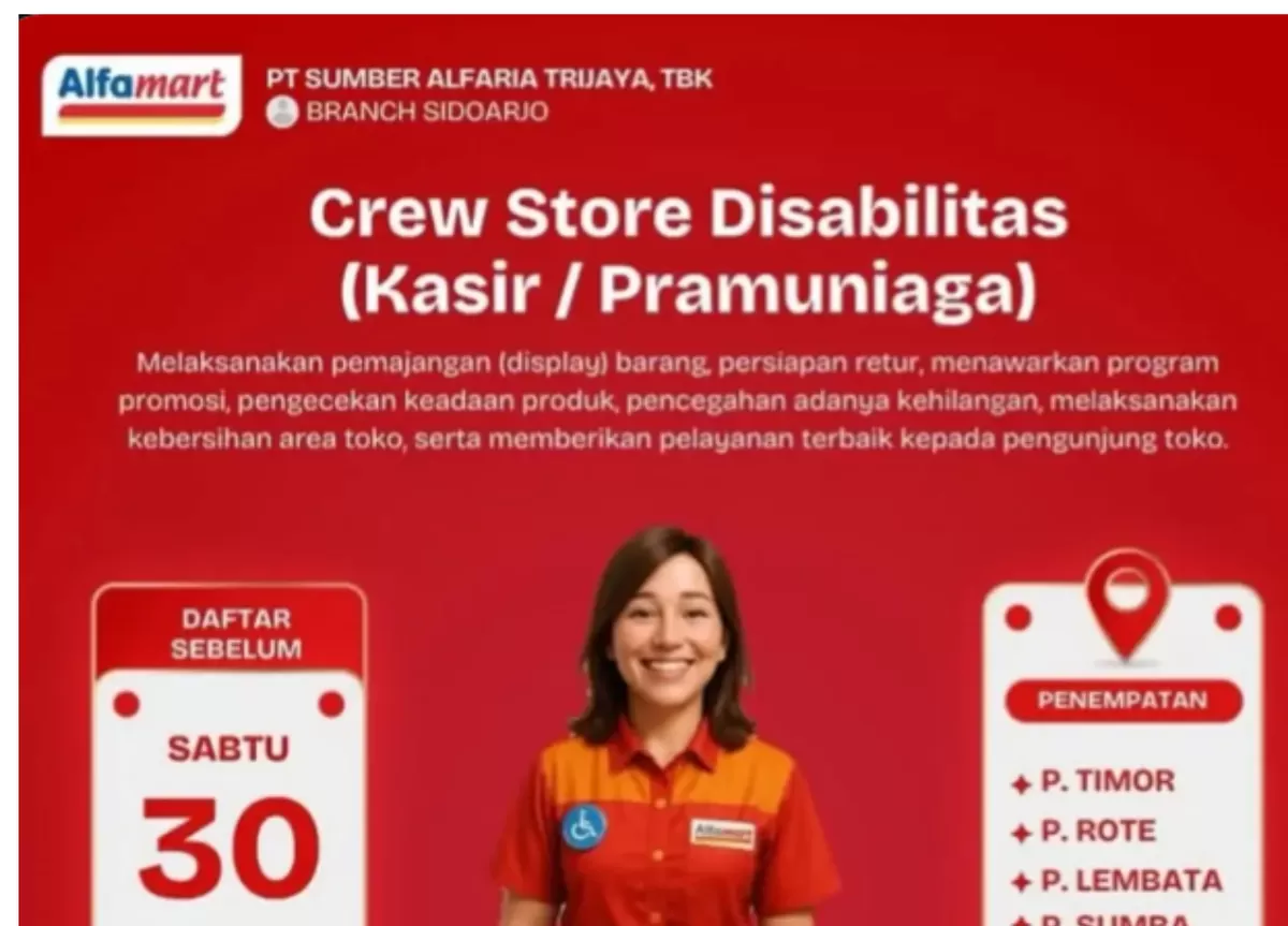 Alfamart Buka Lowongan Kerja Disabilitas di NTT, Lulusan SMA/SMK Bisa Daftar. (Instagram/@lowongankerjantt)
