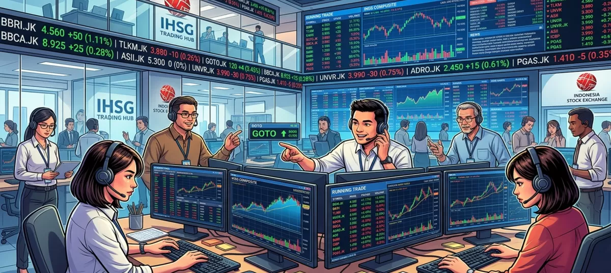 ILUSTRASI MEMANTAU RUNNING TRADE SAHAM - Jangan Sampai Nyangkut ! Pahami 5 Kesalahan Umum saat Membaca Running Trade Saham, Day Trader dan Scalper Wajib Tahu Nih (Kalimantansatu.com via Gemini AI)