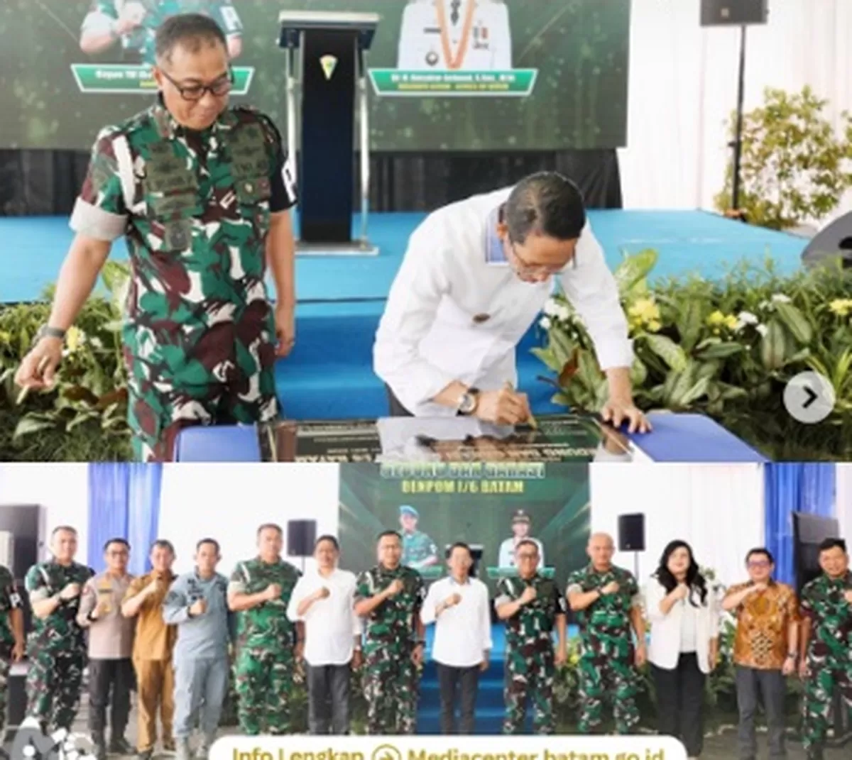 Walikota Batam Amsakar Achmad menandatangani prasasti saat menghadiri peresmian Gedung dan Garasi Madenpom I/6 Batam.(Foto: Ig Diskominfo Batam)