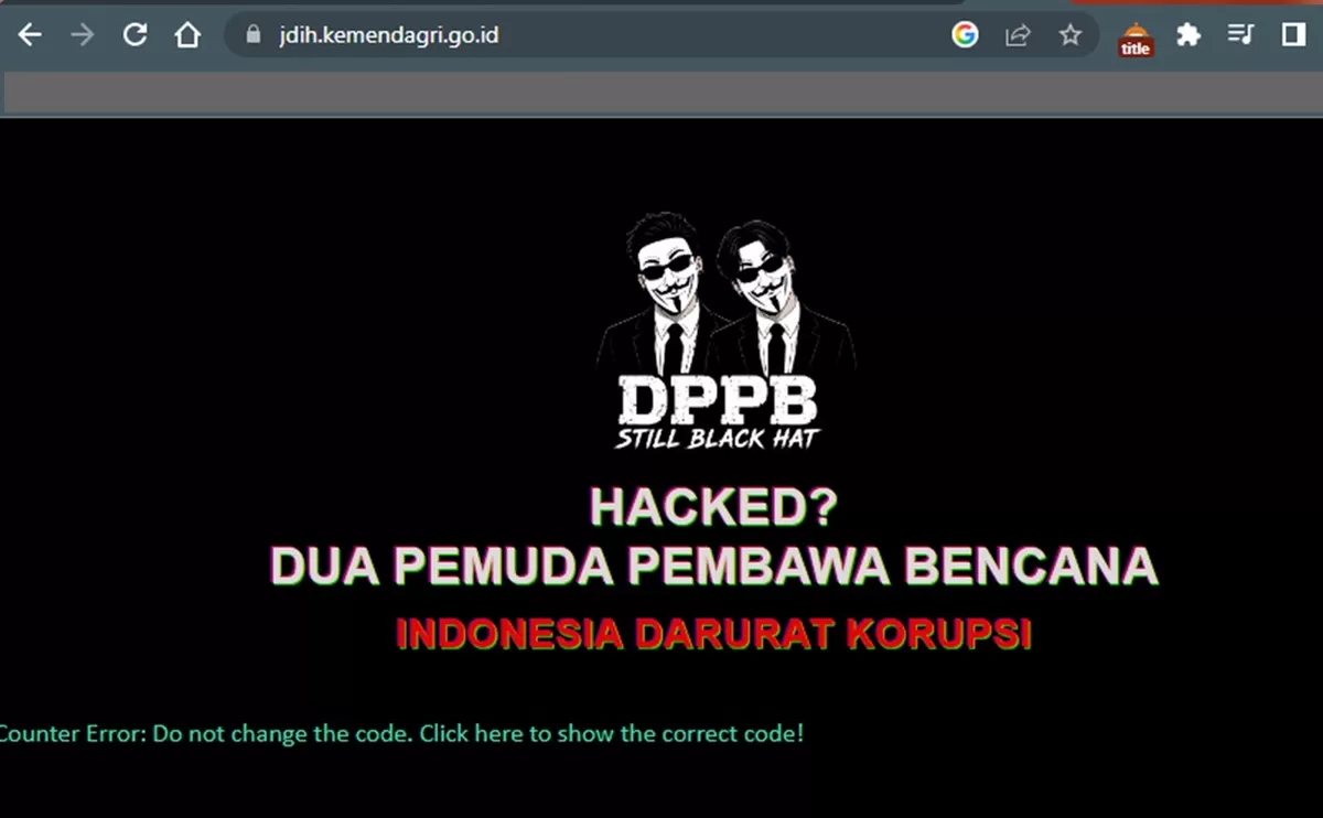 Tampilan situs JDIH Kemendagri ramai disorot usai diretas jadi korban defacement yang memunculkan pesan "Indonesia Darurat Korupsi" (Tangkapan layar jdih.kemendagri.go.id)