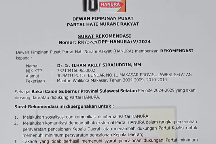 Surat Rekomendasi Partai Hanura kepada IAS untuk Pilgub Sulsel 2024.