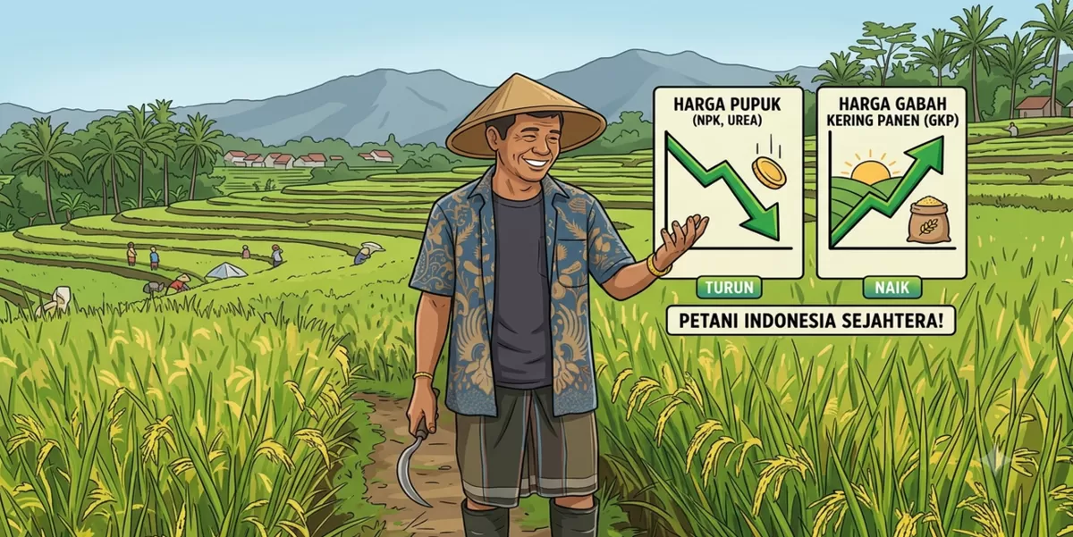 Ilustrasi petani bahagia karena harga pupuk turun dan harga gabah kering panen (GKP) naik. (Kalimantansatu.com via Gemini AI)