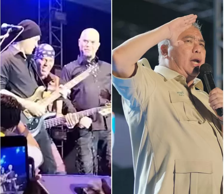 Ahmad Dhani saat tampil bersama Dewa 19 (kiri) saat tampil di konser BerAmal Sabtu malam  (12/8/2024). Ahmad Ali tampak memberi hormat kepada seluruh penonton yang hadir. (Foto: Ist).