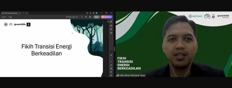 Ustadz Niki Alma Febriana Fauzi dari Majelis Tarjih dan Tajdid PP Muhammadiyah sebagai narasumber Kajian Transisi Energi yang Berkeadilan 26 Mei 2025 Bersama Alumni Shabran wilayah Sumatra Barat dan Jawa Barat