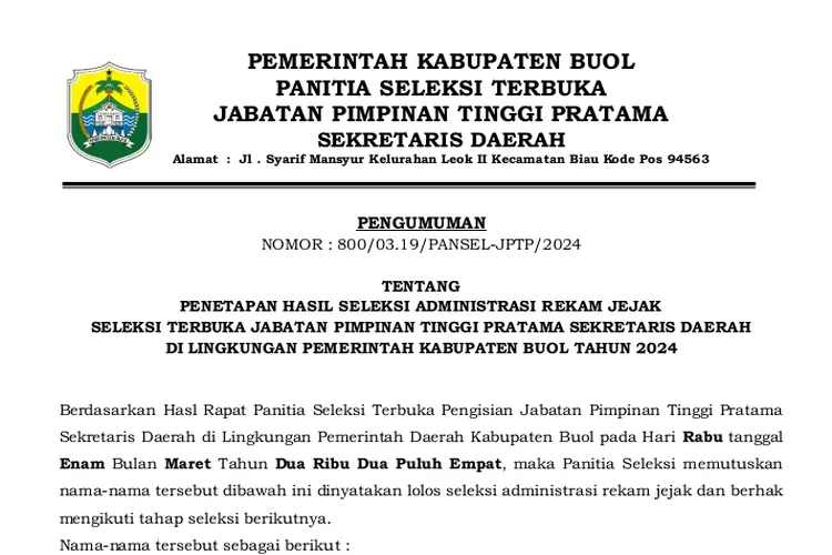 Surat Pengumuman Hasil Seleksi Administrasi Calon Sekda Kabupaten Buol