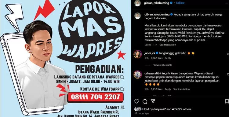 Unggahan Instagram Wapres RI Gibran Rakabuming Raka terkait layanan pengaduan masyarakat. (Instagram.com/@gibran_rakabuming)
