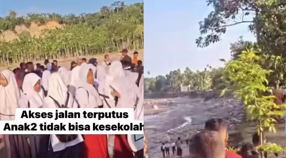 Anak-anak di Aceh Utara kesulitan akses ke sekolah karena jalan putus. (Kalimantansatu.com/Dok. Instagram rully_xabian)