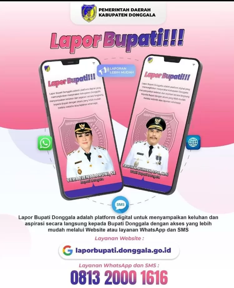 Platform Lapor Bupati kini diluncurkan Pemerintah Kabupaten Donggala, Vera Laruni dan Taufik M Burhan. (Foto: Ist).