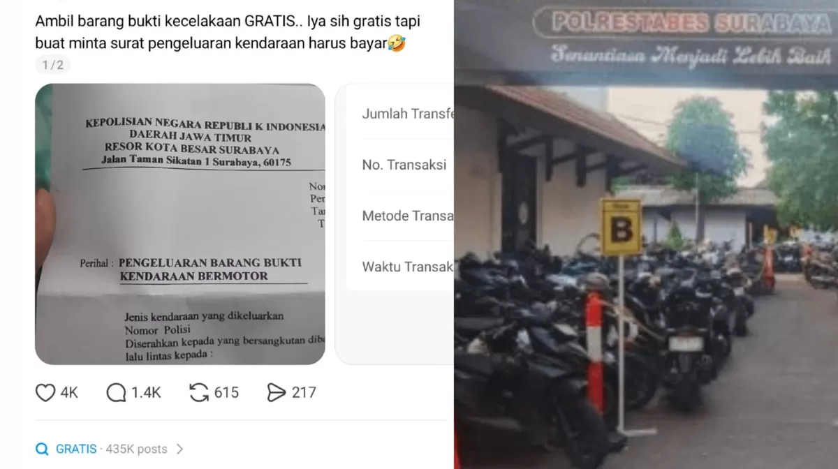 Unggahan viral dugaan pungutan saat akan mengambil kendaraan bukti kecelakaan yang dilakukan oknum Polrestabes Surabaya. (Threads/tasyamarella96 - Dok. Polrestabes Surabaya)
