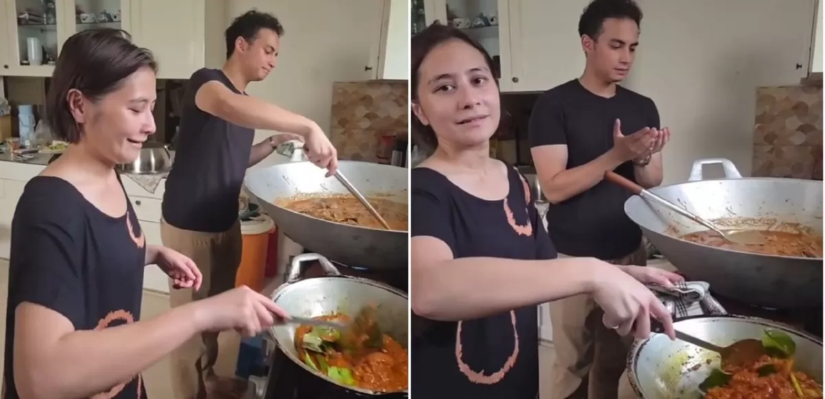 Potret Omara Esteghlal bantu Prilly masak rendang persiapan Lebaran 2026, bikin kewalahan berasa kaya punya todler  (Instagram/prillylatuconsina96 )